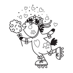 Funny unicorn with a cotton candy coloring vector illustration