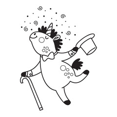 Cute cartoon unicorn gentleman coloring vector illustration