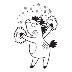 Cute cartoon unicorn cheerleader coloring vector illustration