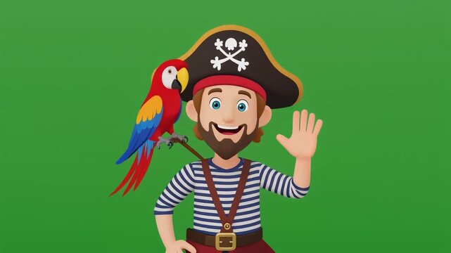 A friendly cartoon pirate with a parrot on his shoulder waves hello against a green background.
