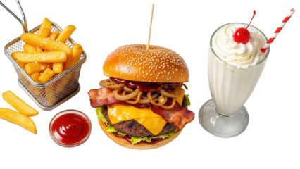 Ultimate barbeque burger set with thick cut fries and a creamy vanilla shake isolated on white background