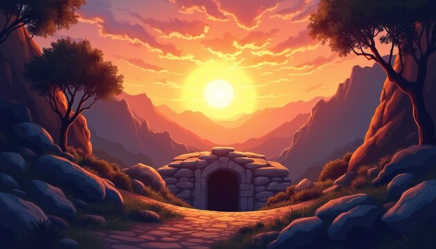 Empty tomb with rolled stone and sunrise backdrop. Scene suggests resurrection and new beginnings in mountainous landscape. Visual for Easter programs and religious themes.