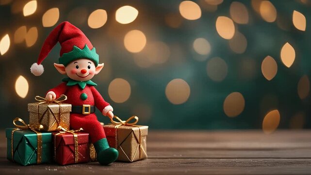 A cute Christmas elf wearing a red suit and hat sits on gift boxes with a bokeh background. Christmas video background with copy space.