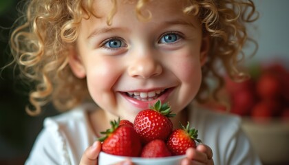 Joyful curly haired child smiles holding fresh strawberries in white bowl. Vibrant red berries with green leaves. Little kid enjoys healthy fruit snack, innocent face, blue eyes, natural goodness.