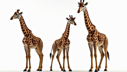 Obraz premium Three giraffes stand in a line against a white background. Their patterned coats are clearly visible. These tall, spotted mammals are from Africa.