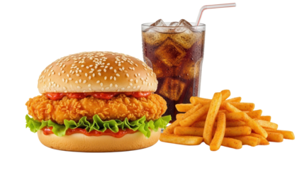 Spicy zinger burger meal with peri peri fries and a cold beverage isolated on white background