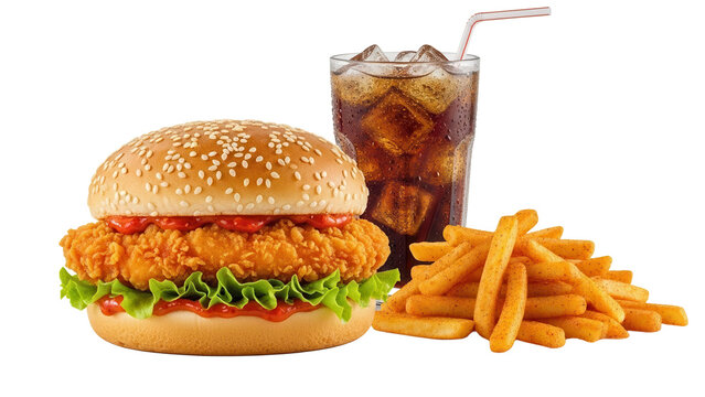 Spicy zinger burger meal with peri peri fries and a cold beverage isolated on white background