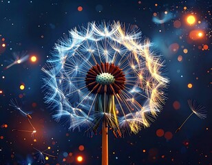 Close-up of a dandelion releasing seeds in a dreamy, glowing environment