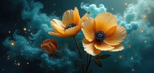 Golden yellow poppies bloom with blue centers set against swirling teal smoke and sparkling lights. Delicate petals unfurl as mystical mist surrounds flowers, suggesting enchantment.