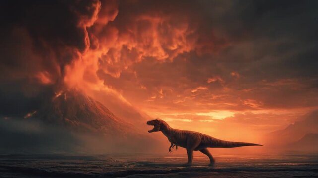 Dinosaur silhouette treads the misty shore as a volcano erupts, lighting the sky with crimson fire!!