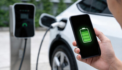 Monitoring electric vehicle charging status on a smartphone, displaying a full battery icon at an EV station.