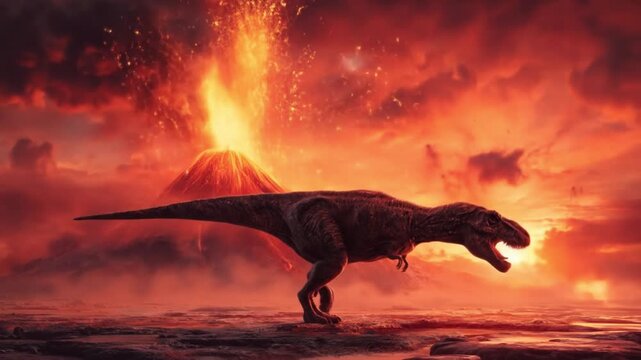 Dinosaurs-like predator strides over molten lava while a volcano erupts crimson skies ablaze sunset