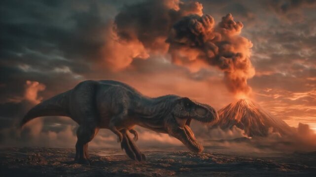 A colossal dinosaur roars beside an erupting volcano, lava lighting a crimson sky, ash-filled haze.