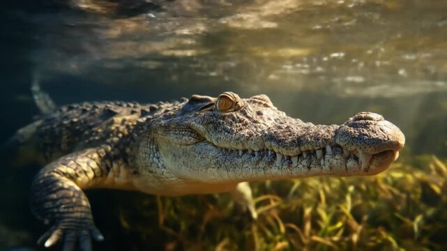 Underwater crocodile glides toward sunlit surface, textured scales, amber eye, rippling rays softly