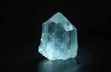 Raw aquamarine crystal sits on dark surface. Light blue gemstone is clear with internal inclusions. Natural mineral displays prismatic structure. Faceted stone has rough edges.