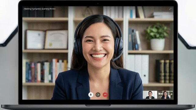 Solopreneur working from home office on virtual meeting video call wearing headset smiling and waving hand showing friendly and productive connection