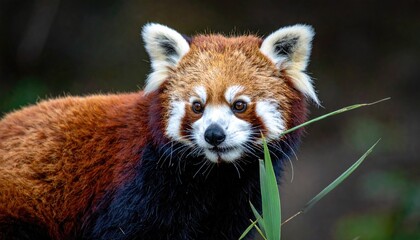 Fototapeta premium Close-up Portrait of a Red Panda with White Frost on its Fur and Whiskers Eating Green Plant in a Natural Outdoor Environment with Soft Blurry Background