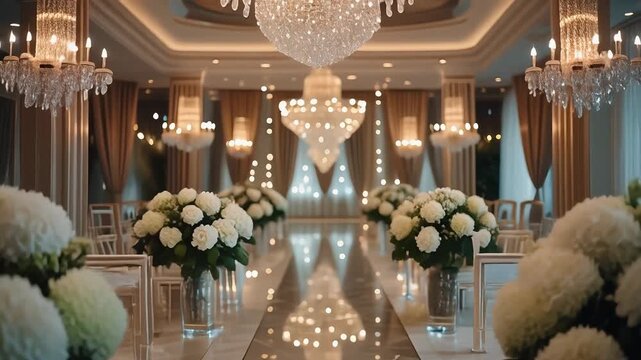 An elegant and luxurious banquet hall decorated with numerous white floral arrangements and crystal chandeliers. Wedding venue video background.