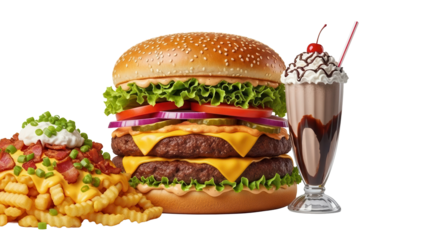 Giant burger meal with loaded fries and a thick chocolate milkshake drink isolated on white background