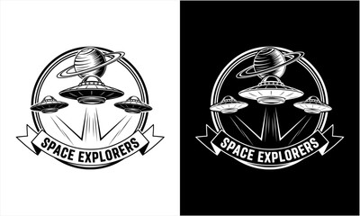 Vintage Space Explorers Emblem with Flying Saucers and Saturn. © Firza