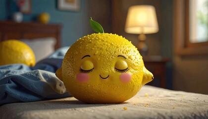 Cute Anthropomorphic Lemon Character with Closed Eyes and Blushing Cheeks Resting on a Bed with Soft Morning Light