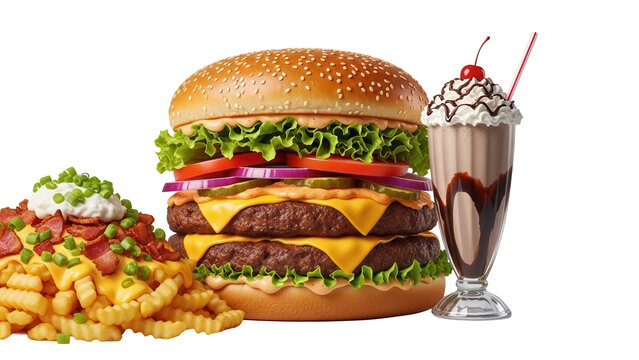 Giant burger meal with loaded fries and a thick chocolate milkshake drink isolated on white background