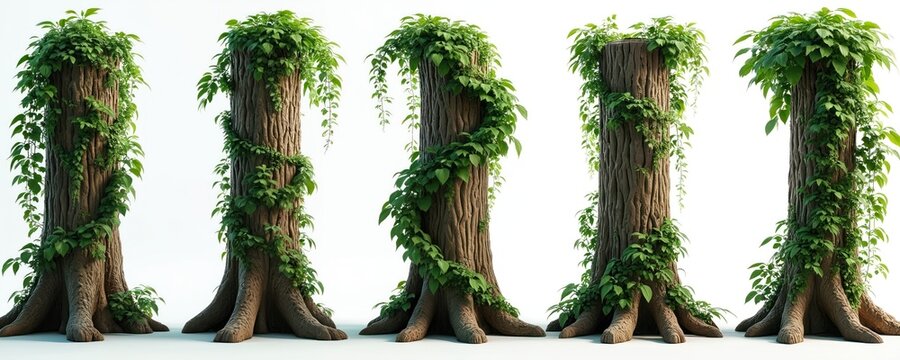 Five large tree trunks entwined with green vines and leaves stand tall against a bright white background. These natural elements are presented as isolated objects, perfect for graphic design.