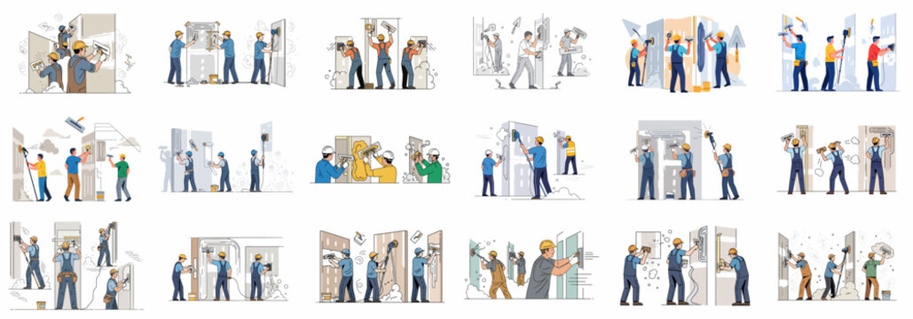Vector illustrations of professional workers plastering, sanding, and finishing interior walls during construction and home repair projects.