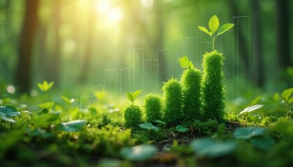 Green plants grow like a bar chart in a forest with sunlight. Digital graph overlays show business growth data and eco impact metrics for future planning.