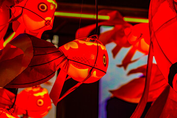 夜祭りの赤い金魚提灯