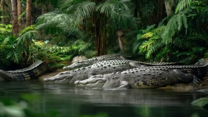 Tranquil riverbank with a cluster of basking alligators amid dense tropical foliage and water, calm