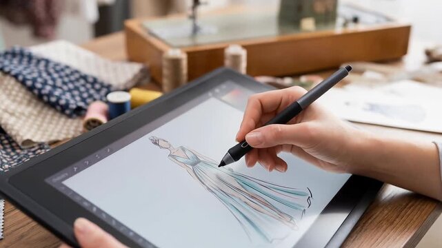 Fashion design digital drawing tablet with stylus home office workspace for solopreneur creating elegant dress sketches with fabric samples