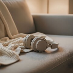 Headphones on Cozy Sofa in Calm Living Room