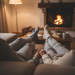 Couple Relaxing by Fireplace in Cozy Winter Evening.