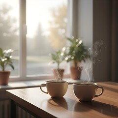 Two Cups of Coffee by Window in Morning Sunlight.