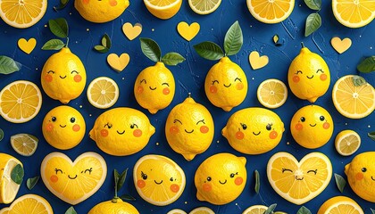 Fototapeta premium Cute Cartoon Lemons And Hearts In Vibrant Yellow And Blue Pattern With Pixel Art Elements And Green Leaves In Overhead View
