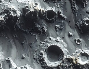 Close-up of a detailed celestial surface with craters and valleys