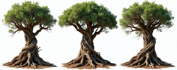 Ancient gnarled trees with massive twisted roots and thick trunks stand tall. Lush green canopy above, isolated on white background. Multiple similar trees form a striking natural composition.
