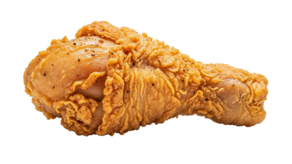 Crispy golden fried chicken drumstick with crunchy texture for food advertising photography isolated on white background