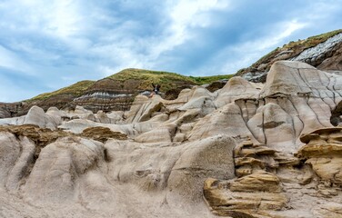 Sandstone formations and hoodoos are tourist attractions near Drumheller, Alberta, Canada