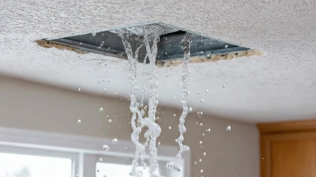 Water is pouring out of a ceiling vent, causing a significant leak and potential damage to the room.