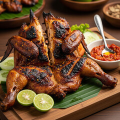 Delicious whole grilled chicken, split and served on a wooden board with fresh lime, cucumber slices, and spicy chili sauce.