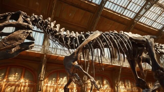 Inside a grand museum, towering dinosaur skeletons loom beneath a glass-arced skylight, awe, mythic!