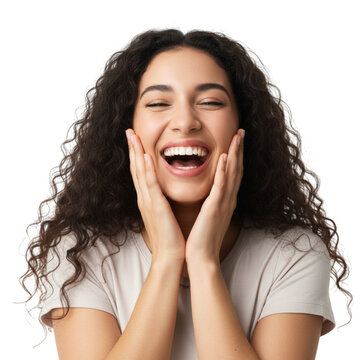Excited laughing woman on white background.