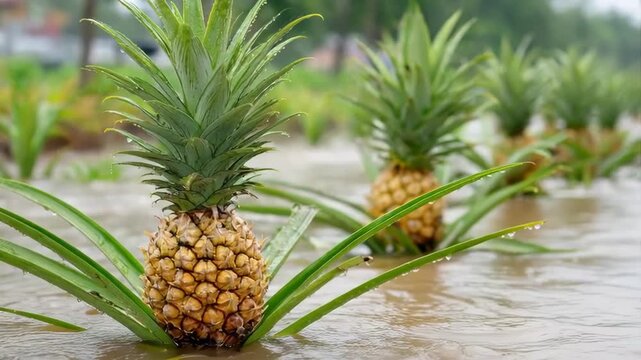 A close-up shot of ripe pineapples growing in a flooded field, showcasing the tropical fruit in its natural environment.