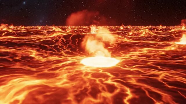 Dramatic Molten Volcanic Landscape with Fiery Lava Flows and Eruptions Under a Distant Starry Sky, Abstract Hellscape of an Alien World