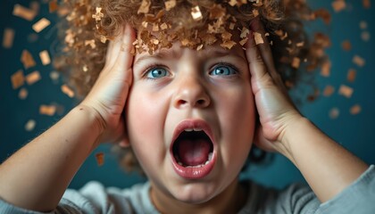 Young child reacts with distress, holding head amidst falling gold confetti. Eyes wide, mouth open in a scream, expressing frustration or overload. Curly hair covered in shiny particles.