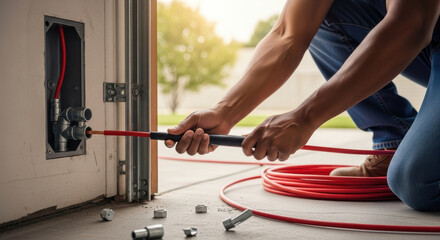 Electrician installing red electrical conduit in residential garage wall outlet box, connecting flexible tubing for safe wiring, home renovation and professional construction maintenance