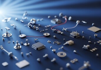 Precision Components Arranged on Luminous Surface Depicting Technological Progress