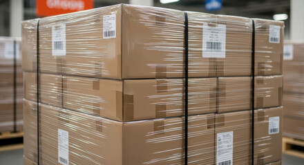 Securely wrapped cardboard shipping boxes stacked on pallet with plastic film in warehouse distribution center ready for logistics transport and delivery fulfillment